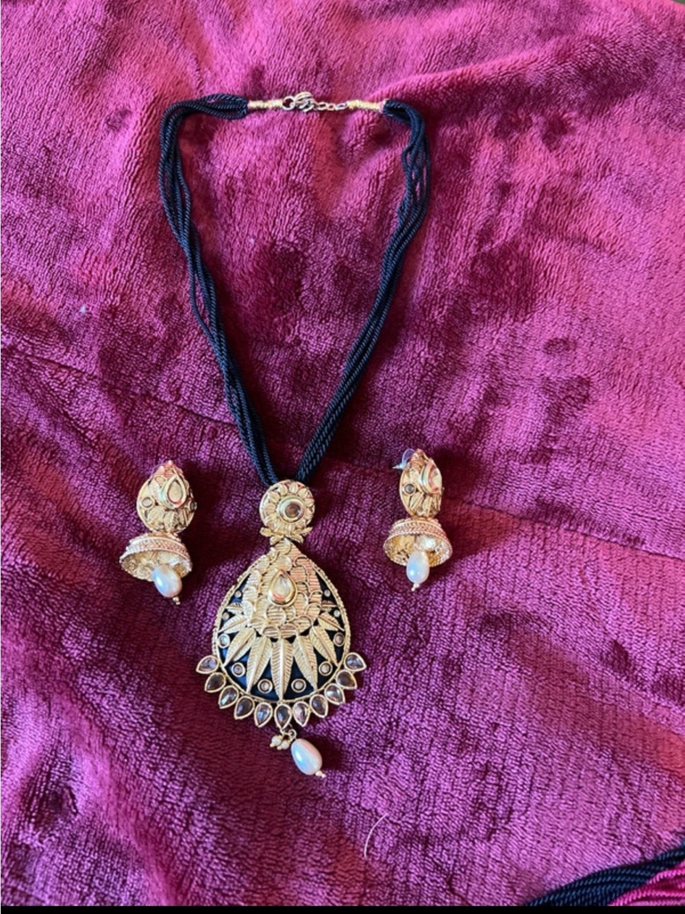 Gold-Tone Filigree Pendant Necklace with Black Cord and Pearl Accents
